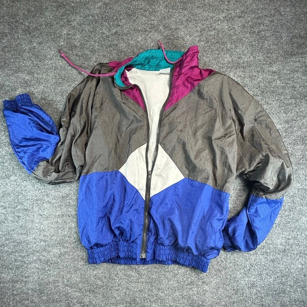 Vintage Active Wear Colorblock Windbreaker Jacket Size L Blue Gray Pink Hooded